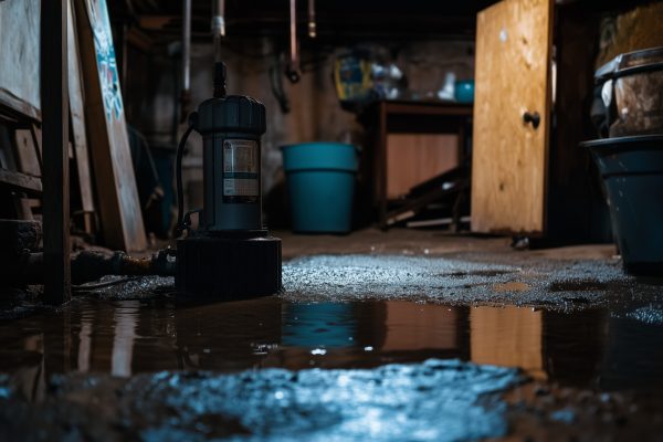 Sump pump is actively removing water in a dimly lit basement with flooded floor In a dimly lit basement, a sump pump stands prominently on a gravel surface, working to remove excess water pooling around it. The environment is cluttered with storage items and a wooden door is partially open, allowing a faint glow to illuminate the area. Water reflects off the ground, indicating recent flooding.