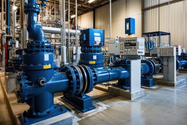 A high-pressure pump system installed in a water treatment plant A high-pressure pump system installed in a water treatment plant